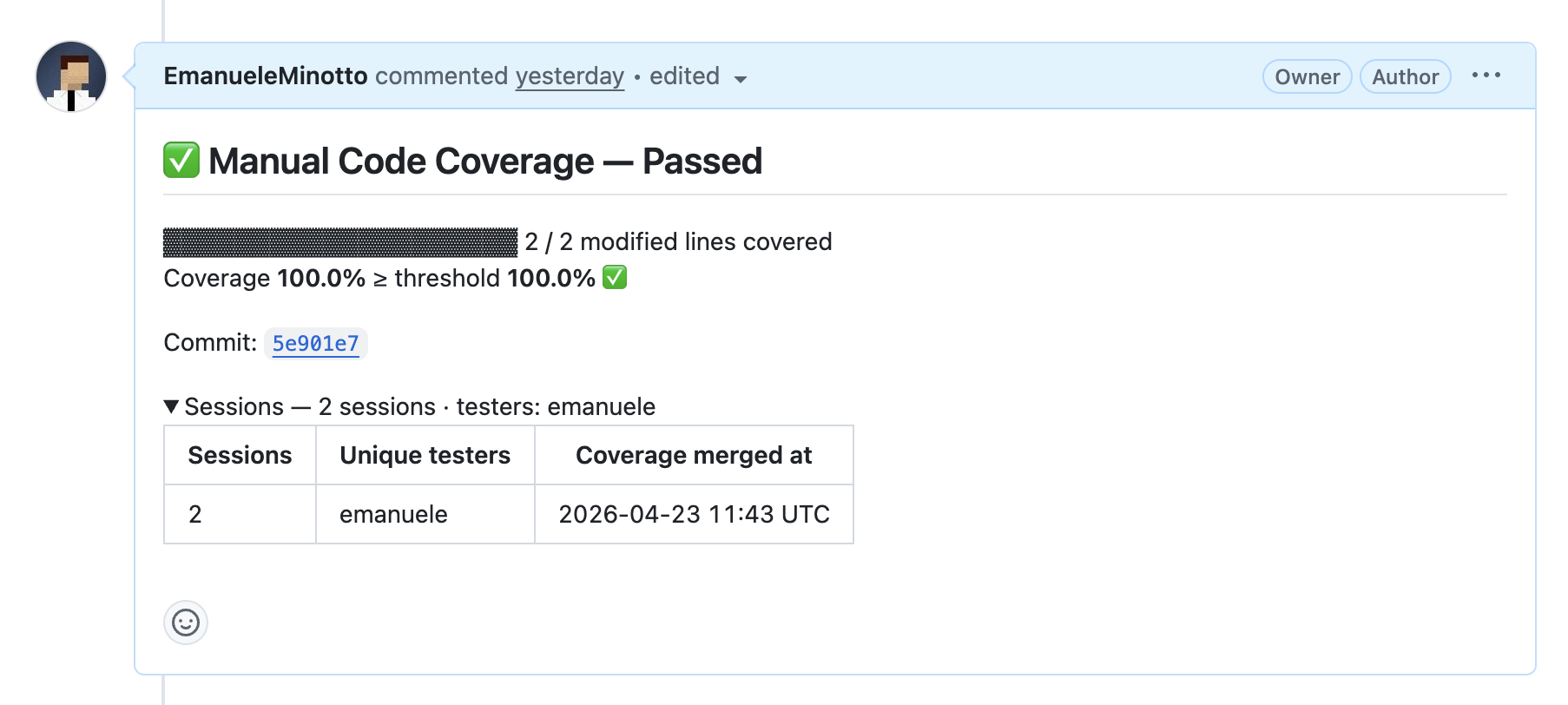 PR #1 - Manual Code Coverage Passed