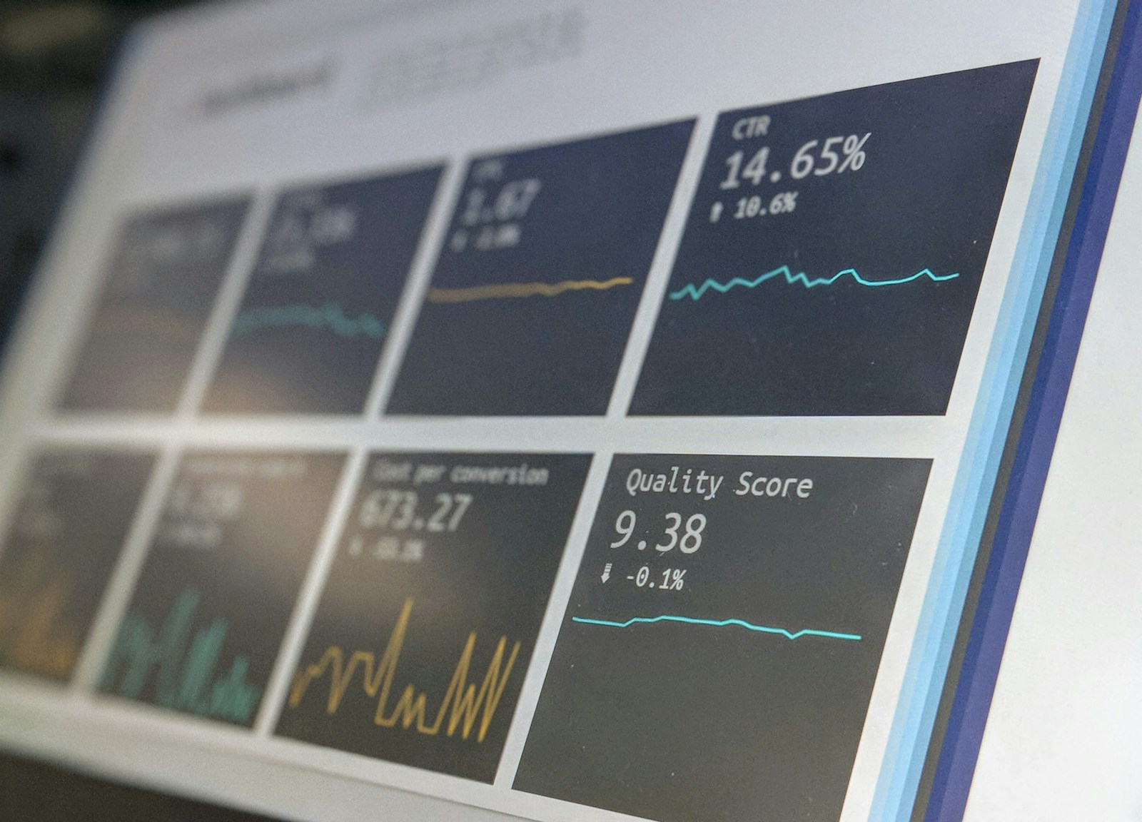 A monitoring dashboard on a screen, with metric tiles and trend lines